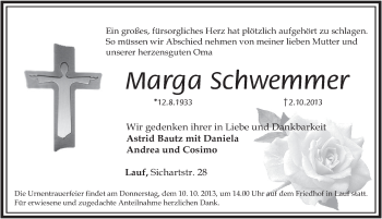 Traueranzeige von Marga Schwemmer von Pegnitz-Zeitung